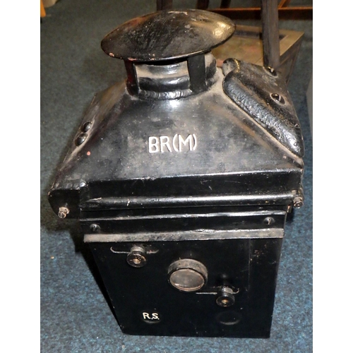 377 - An over painted BR (M) railway lamp together with a floral painted wooden box and a Oriental picture... 