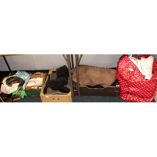 380 - A pair of size 8 black boots, Sheepskin coat, further clothes, linen etc (4)