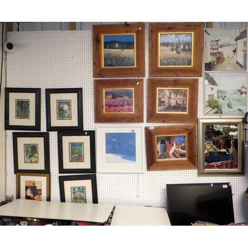 382 - A group of 15 framed pictures and prints and a mirror, computer monitor