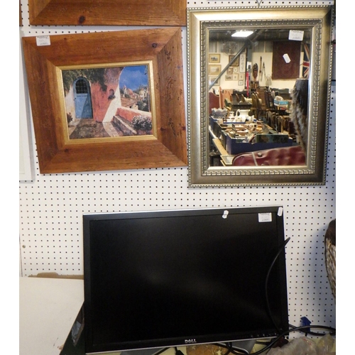 382 - A group of 15 framed pictures and prints and a mirror, computer monitor