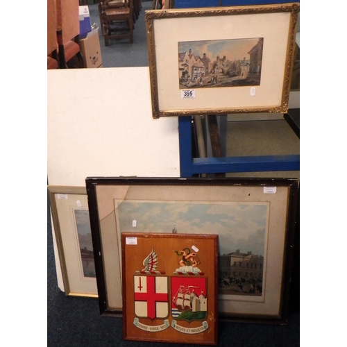 395 - A small York watercolour together with two prints and a painted heraldic shield on board  (4)