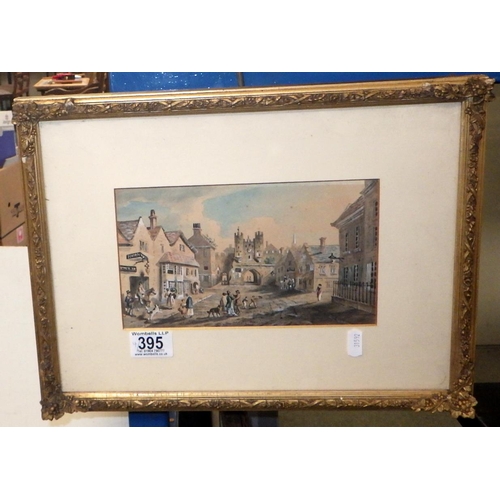 395 - A small York watercolour together with two prints and a painted heraldic shield on board  (4)