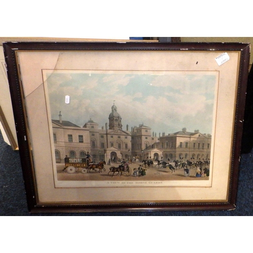 395 - A small York watercolour together with two prints and a painted heraldic shield on board  (4)