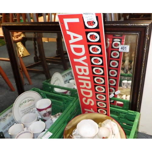 401 - A small qty of crested china, cups, figures, mirror, Ladybird sign etc (qty)