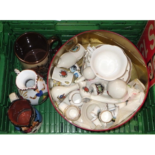 401 - A small qty of crested china, cups, figures, mirror, Ladybird sign etc (qty)