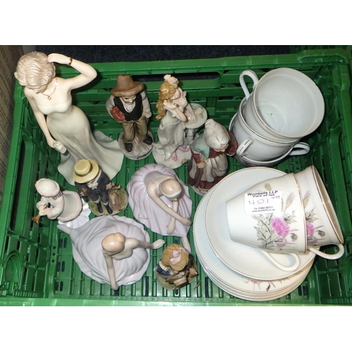 401 - A small qty of crested china, cups, figures, mirror, Ladybird sign etc (qty)