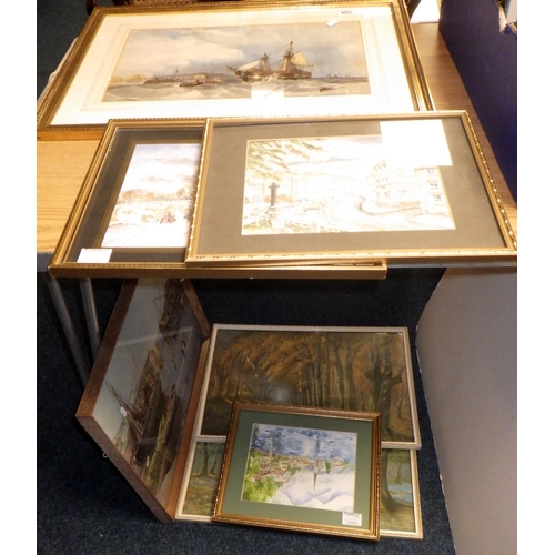 402 - A framed unsigned watercolour of ships in rough sea's together with further pictures and prints (qty... 