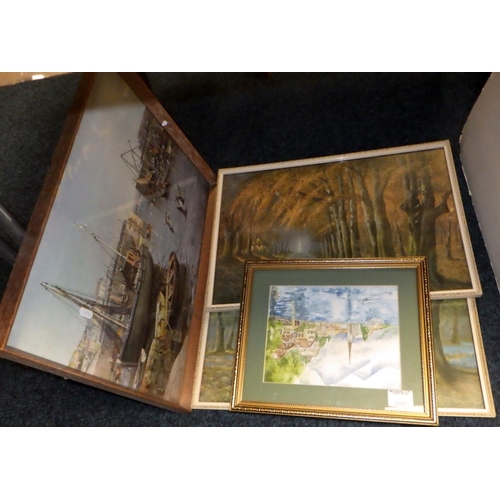 402 - A framed unsigned watercolour of ships in rough sea's together with further pictures and prints (qty... 