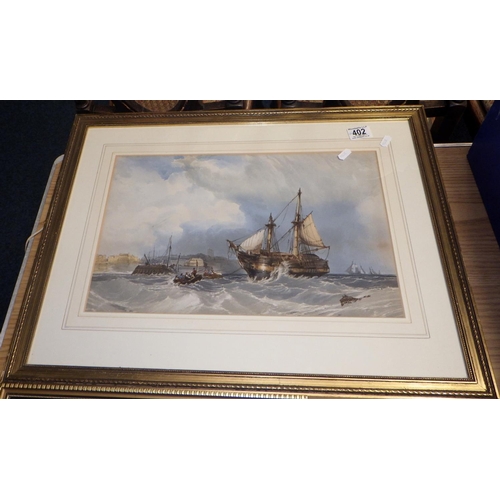 402 - A framed unsigned watercolour of ships in rough sea's together with further pictures and prints (qty... 