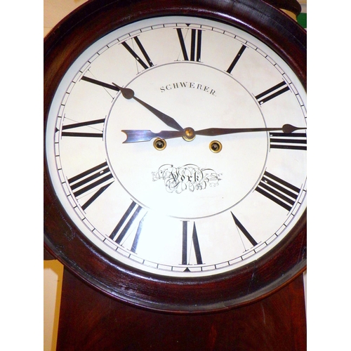 608 - A 19th cen large mahogany wall clock, with eight day movement, signed Schwerer, York, 140cm long
