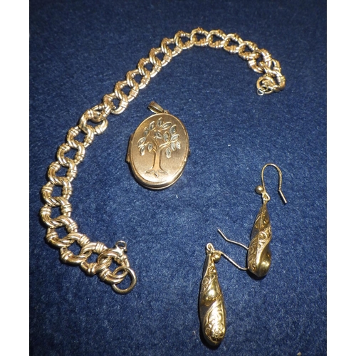 363 - A 9ct gold bracelet (19g) together with a pair of yellow metal earrings and a locket