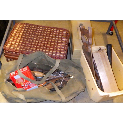 806 - Various tools, wicker picnic basket etc