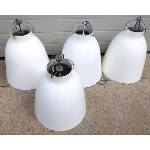 828 - Four white painted metal lamp shades, 55cm tall
