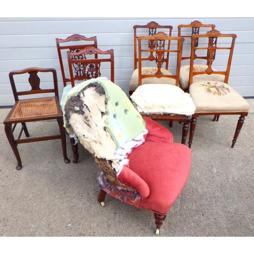 831 - A Victorian nursing chair, upholstery a/f, set of four Edwardian salon chairs, pair of chairs and a ... 