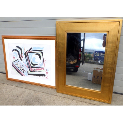 834 - A large gold painted rectangular mirror 125cm x 95cm together with a picture of a computer (2)