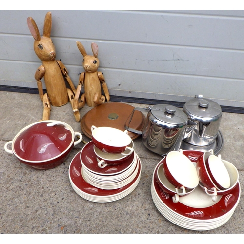 837 - A Susie Cooper part dinner service, two articulated rabbits, Willow pattern warming dish etc