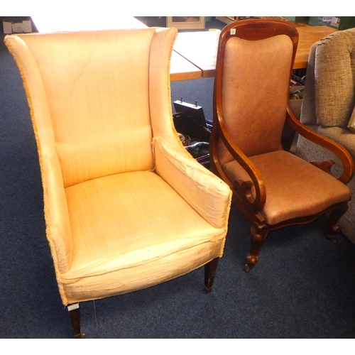 842 - An Edwardian upholstered armchair together with a Victorian mahogany framed armchair (2)