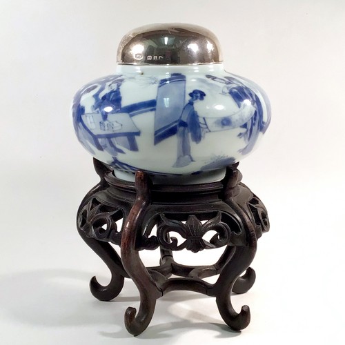 134 - A Chinese blue and white jar having a silver domed lid, the whole on a carved hardwood stand, this a...