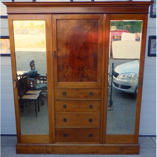 756 - An Edwardian mahogany and inlaid triple wardrobe with central doors and mirrored pin doors, missing ... 