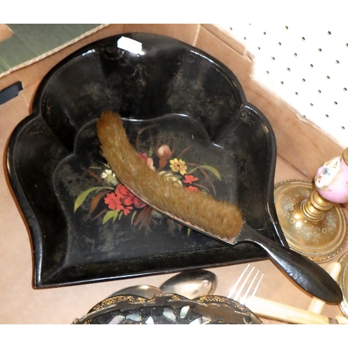 29 - A pair of decorative candles, some cutlery, a metal vase and a painted brush and tray etc