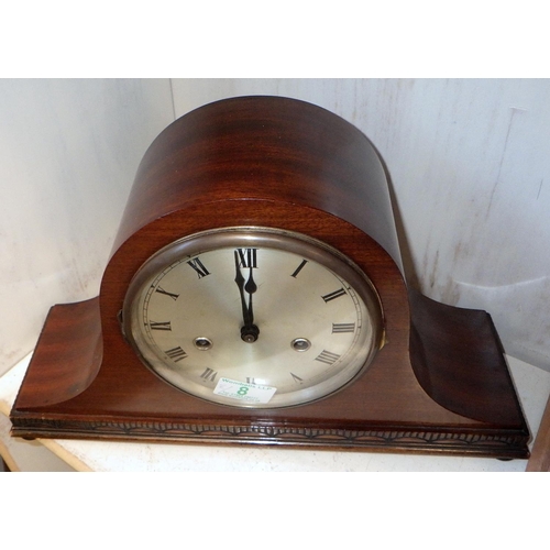 8 - A mahogany mantle clock together with a small cased microscope