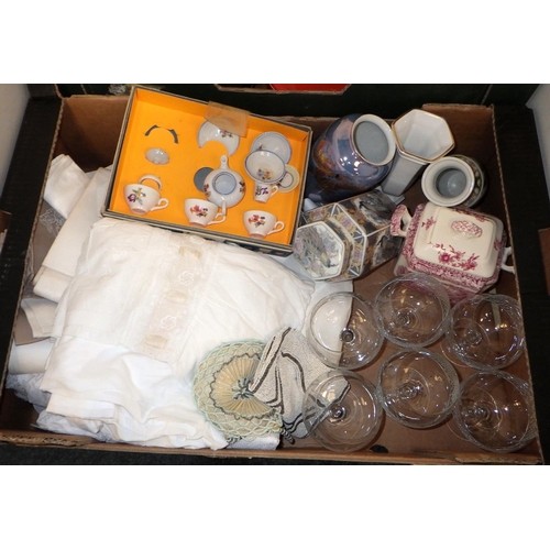 46 - Le Crueset pans together with miscellaneous ceramics and textiles (2)