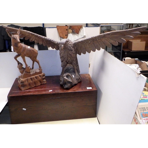 115 - A wooden eagle sculpture with a 1.22m wing span together with a large wooden box and another carving... 