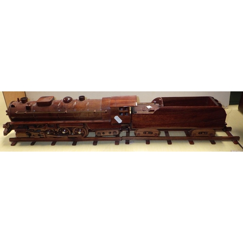 116 - A wooden train and tender model on wooden tracks together with two writing boxes and a tray (4)