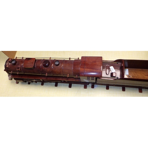 116 - A wooden train and tender model on wooden tracks together with two writing boxes and a tray (4)