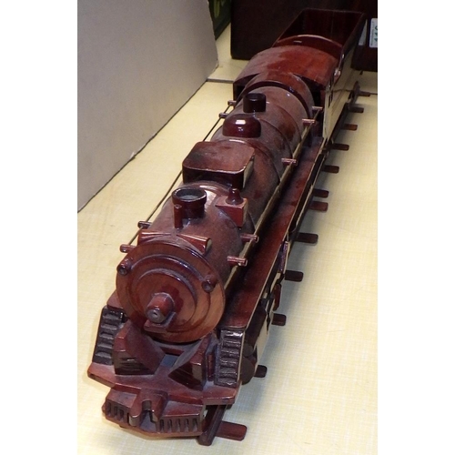 116 - A wooden train and tender model on wooden tracks together with two writing boxes and a tray (4)