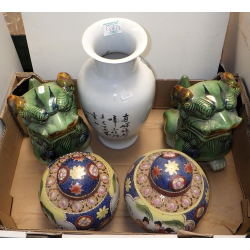 134 - A quantity of miscellaneous ceramics including a pair of green dogs of Foo, ginger jars and a Staffo... 