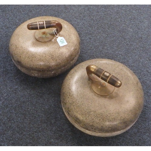 126 - A pair of curling stones of Ailsa Craig granite with ebonised handles each bearing a vacant escutche... 