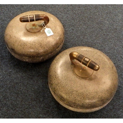 126 - A pair of curling stones of Ailsa Craig granite with ebonised handles each bearing a vacant escutche... 