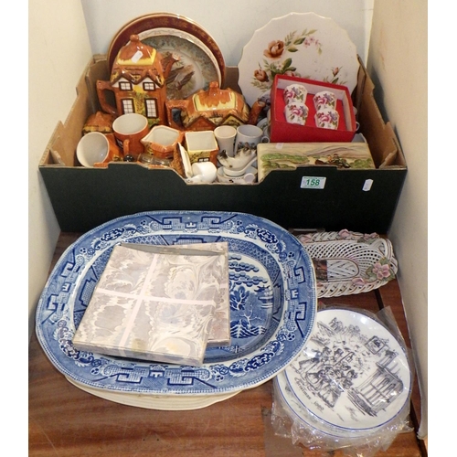 158 - A qty of misc ceramics to inc Cottage ware, Musical cigarette box, 19thC Willow patter meat plate et... 