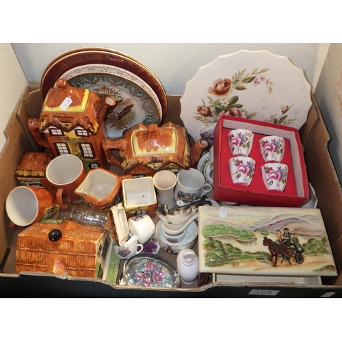 158 - A qty of misc ceramics to inc Cottage ware, Musical cigarette box, 19thC Willow patter meat plate et... 