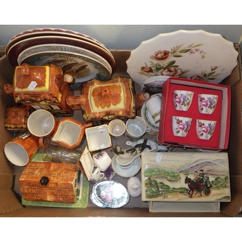 158 - A qty of misc ceramics to inc Cottage ware, Musical cigarette box, 19thC Willow patter meat plate et... 