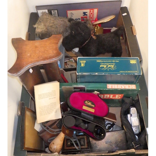 160 - Two boxes of misc to inc binoculars, Teddy's, cameras etc (2)