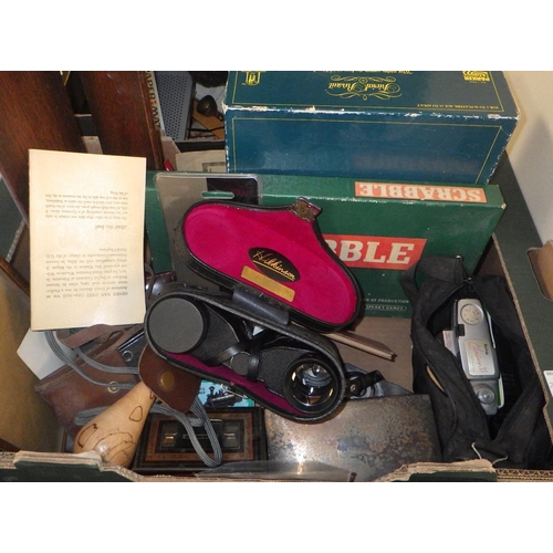 160 - Two boxes of misc to inc binoculars, Teddy's, cameras etc (2)