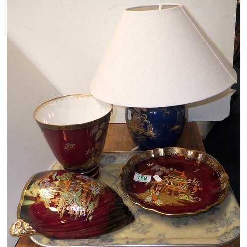 169 - Three pcs of Carlton Ware Rouge Royale and a similar blue lamp (4)