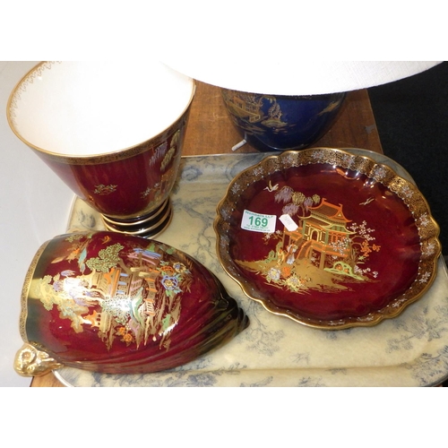 169 - Three pcs of Carlton Ware Rouge Royale and a similar blue lamp (4)