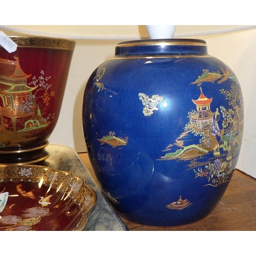 169 - Three pcs of Carlton Ware Rouge Royale and a similar blue lamp (4)