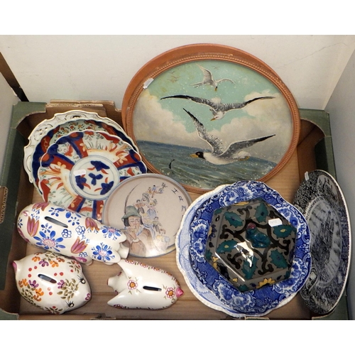 173 - A group of misc ceramics to inc Cauldon Cairo ware lidded jar, Imari plates, Butter tray etc (2)