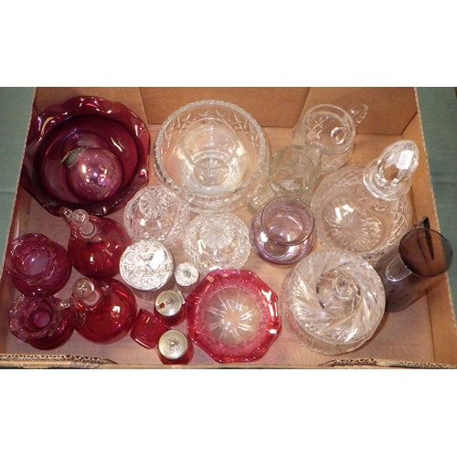 183 - A qty of misc glass wares to inc cranberry glass, decanter, lamp shades etc (2)