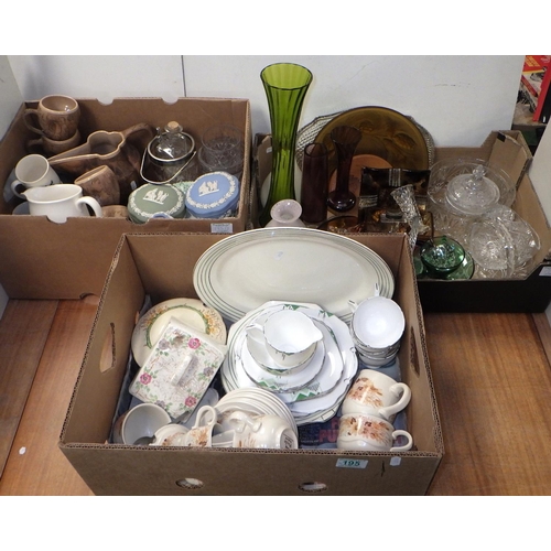 195 - Three boxes of misc ceramics and glass wares (3)