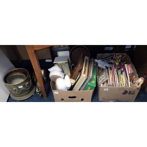 202 - A qty of misc collectables, books, Margret Thatcher slippers, brass ware etc