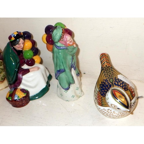 240 - A Royal Crown Derby bird paperweight together with two miniature Royal Doulton Balloon Sellers, Ayns... 