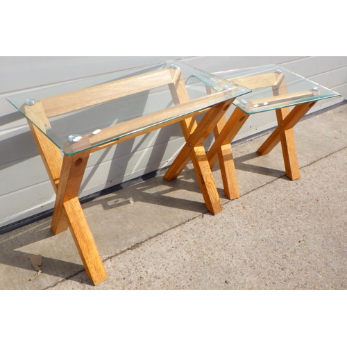 789 - Two modern oak glass topped side tables (2)