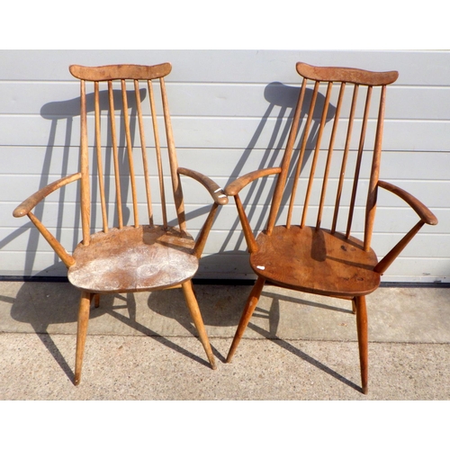 791 - A pair of Ercol arm chairs, af worm, splits (2)