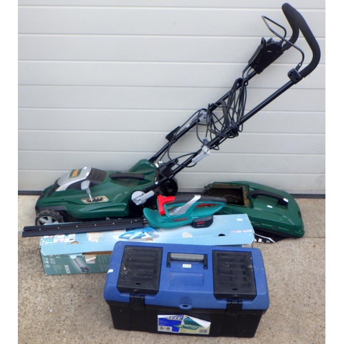 802 - A Webb lawn mower, Bosch trimmers etc