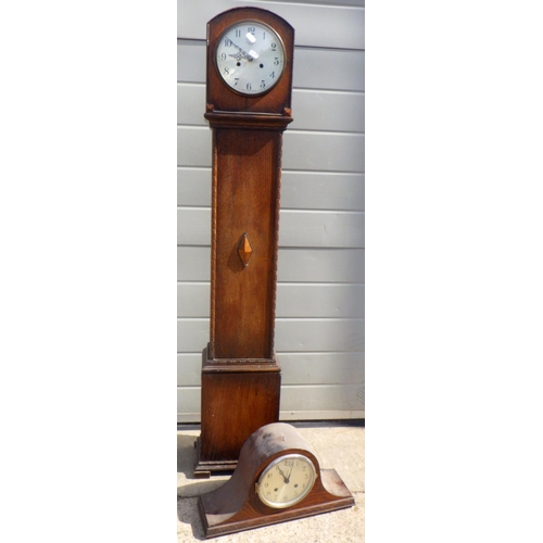 808 - A 1930s oak grand daughter clock together with a mantle clock (2)